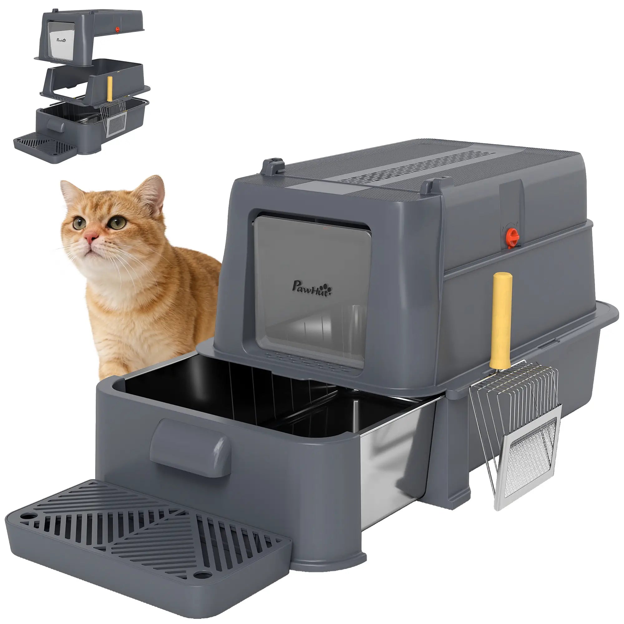 80L XL Stainless Steel Cat Litter Box, Flip Cover, Pull-Out Drawer, Dark Grey Cat Litter Box Enclosures at Gallery Canada