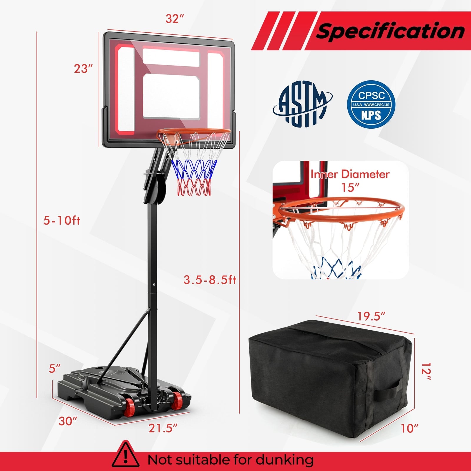 Adjustable Basketball Hoop, 5-10 Feet Height, Indoor Outdoor, Black Sport Equipments at Gallery Canada