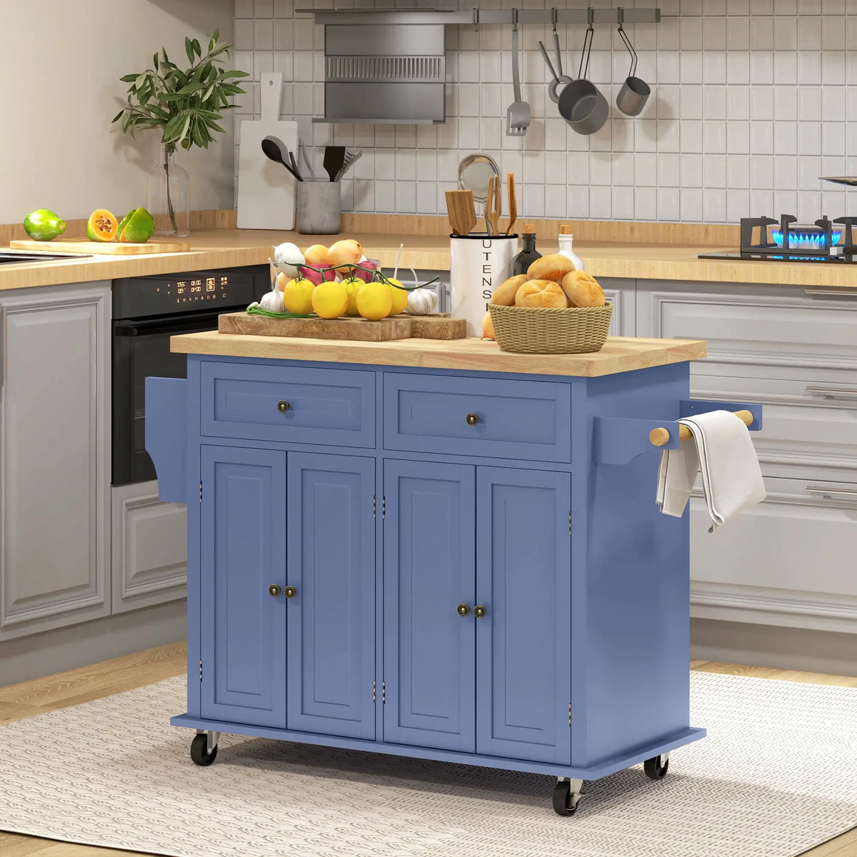 Kitchen Island with Storage, Rolling Cart, Rubber Wood Top, Navy Blue Kitchen Islands & Kitchen Carts at Gallery Canada