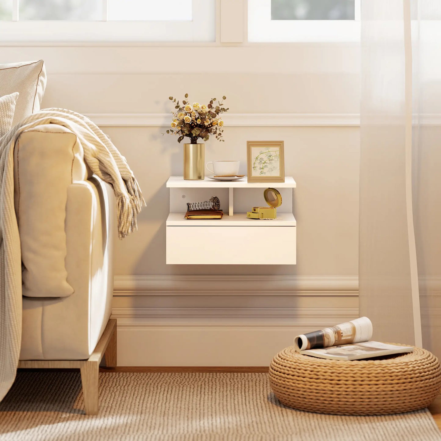 Floating Nightstand Set of 2, Wall Mounted with Drawer, White Bedside Tables at Gallery Canada