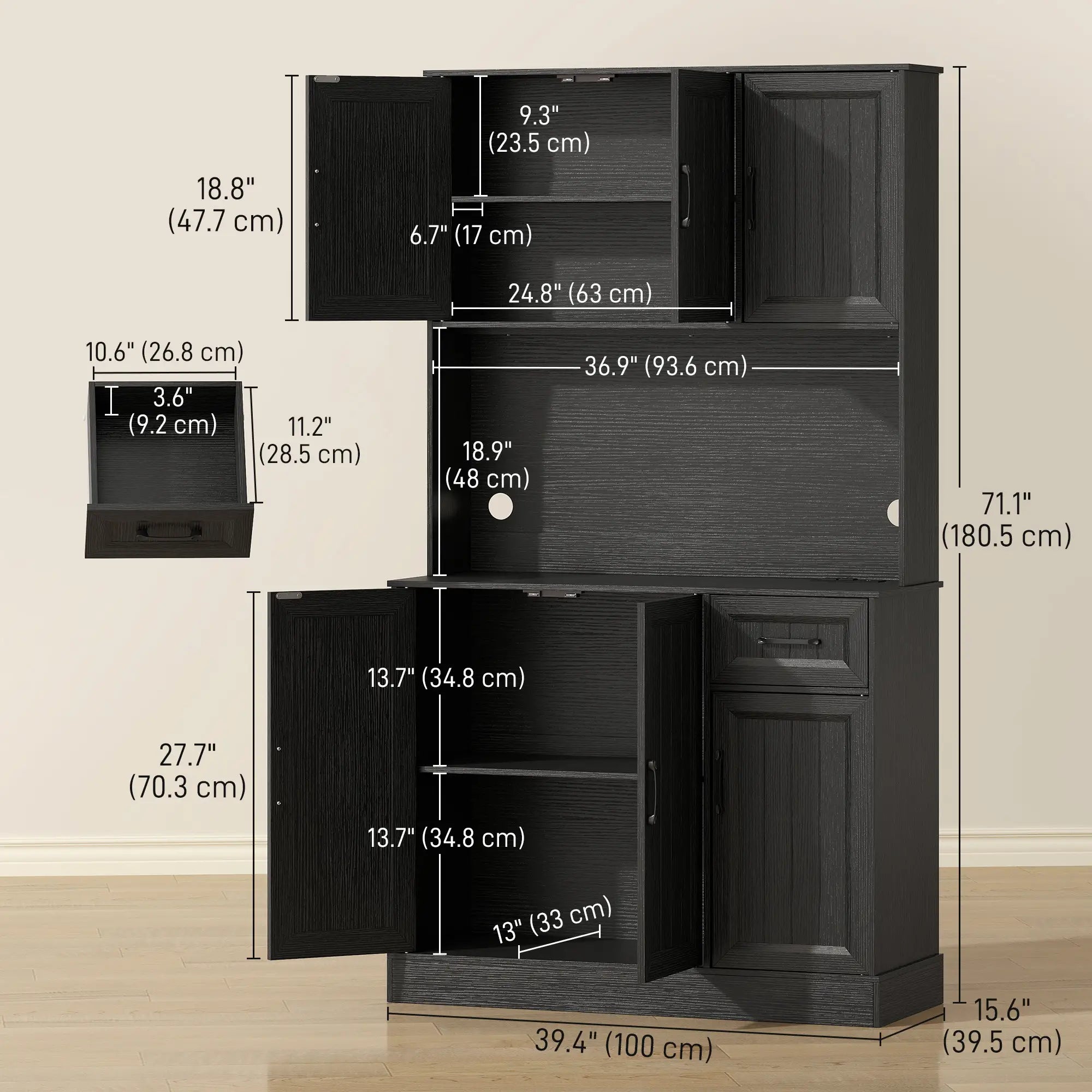 71 Inch Pantry Cabinet with Charging Station, Microwave Stand, Adjustable Shelves, Black Kitchen Pantry Cabinets at Gallery Canada