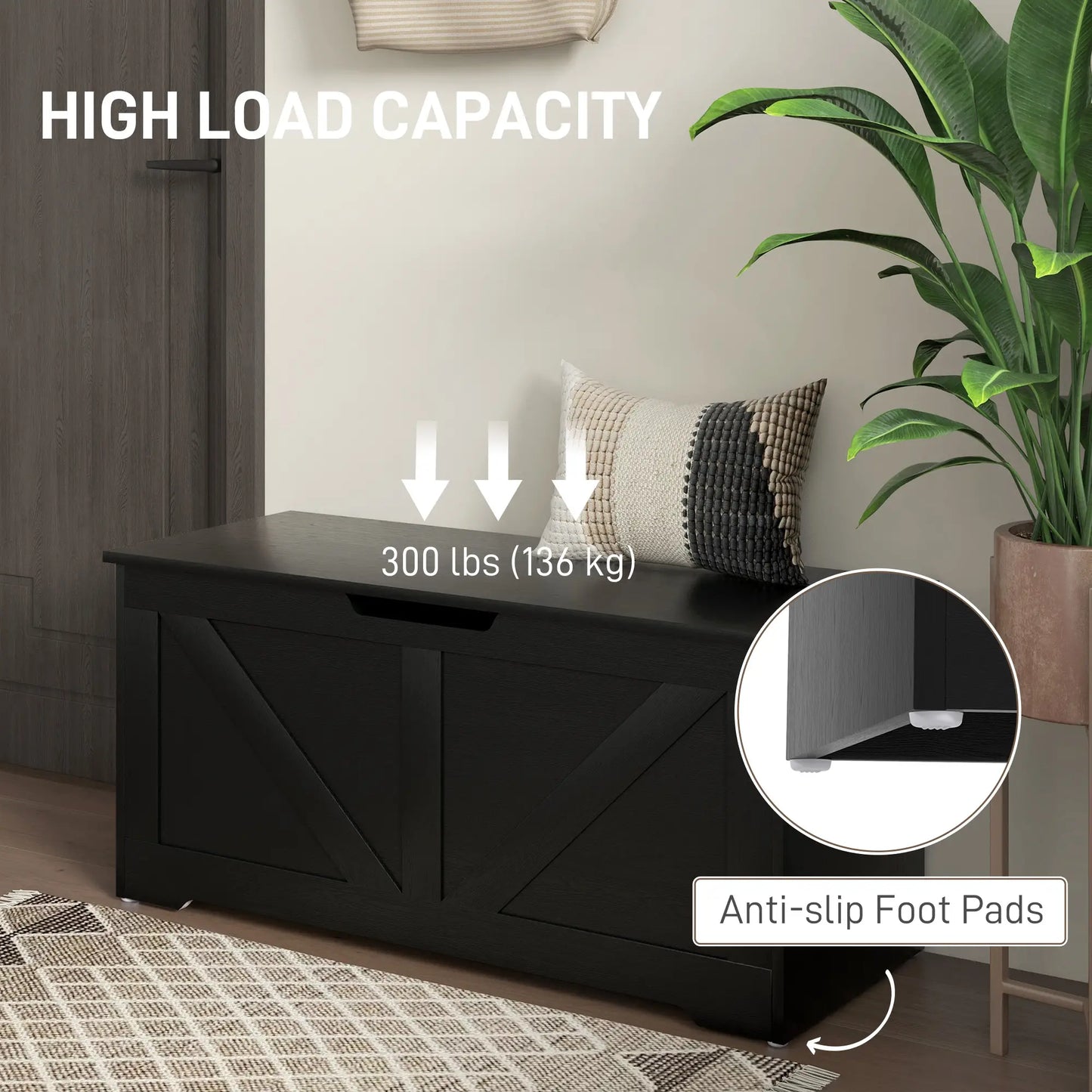 39.4 Inches Storage Chest, Wooden Box with Safety Hinges, Wood Grain, Black Storage Cabinets at Gallery Canada