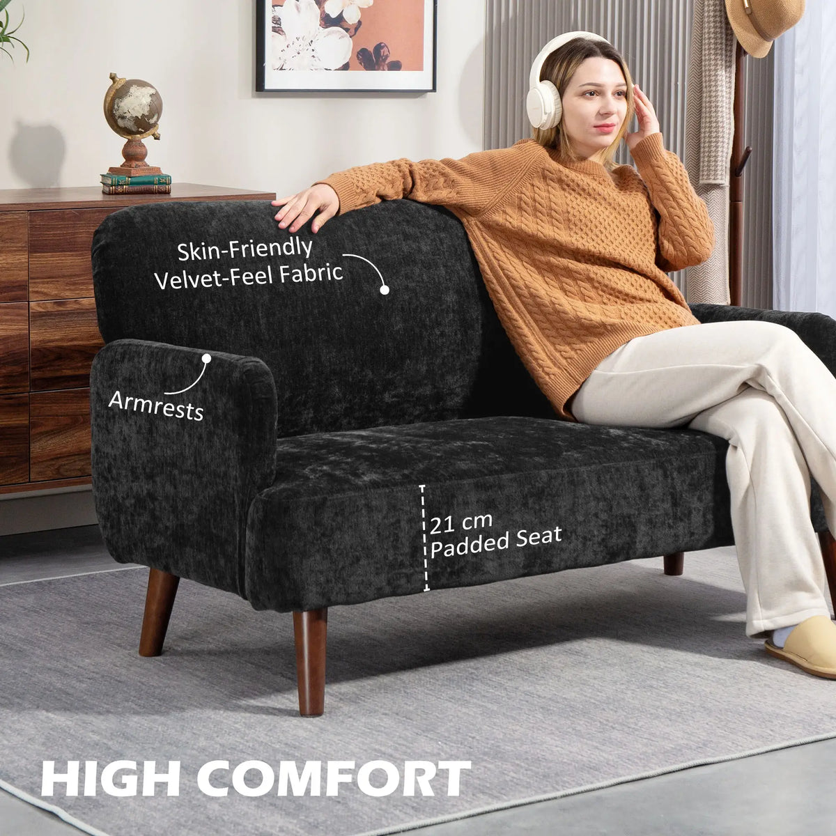 Velvet Fabric 2 Seater Sofa, Small Loveseat 8.3" Thick, Black 2-Seater Sofas at Gallery Canada