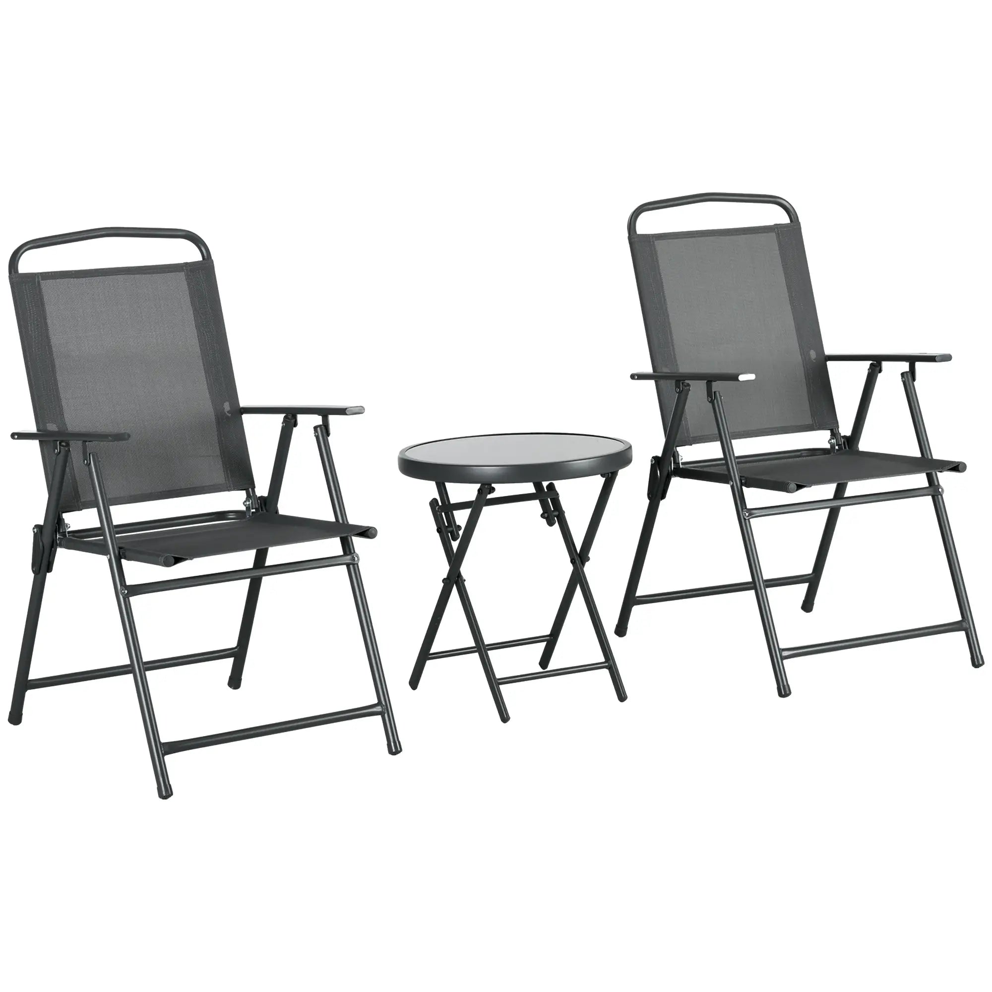 3 Piece Bistro Set, Foldable Mesh Chairs, Glass Table, Charcoal Grey Bistro Sets Charcaol Grey at Gallery Canada