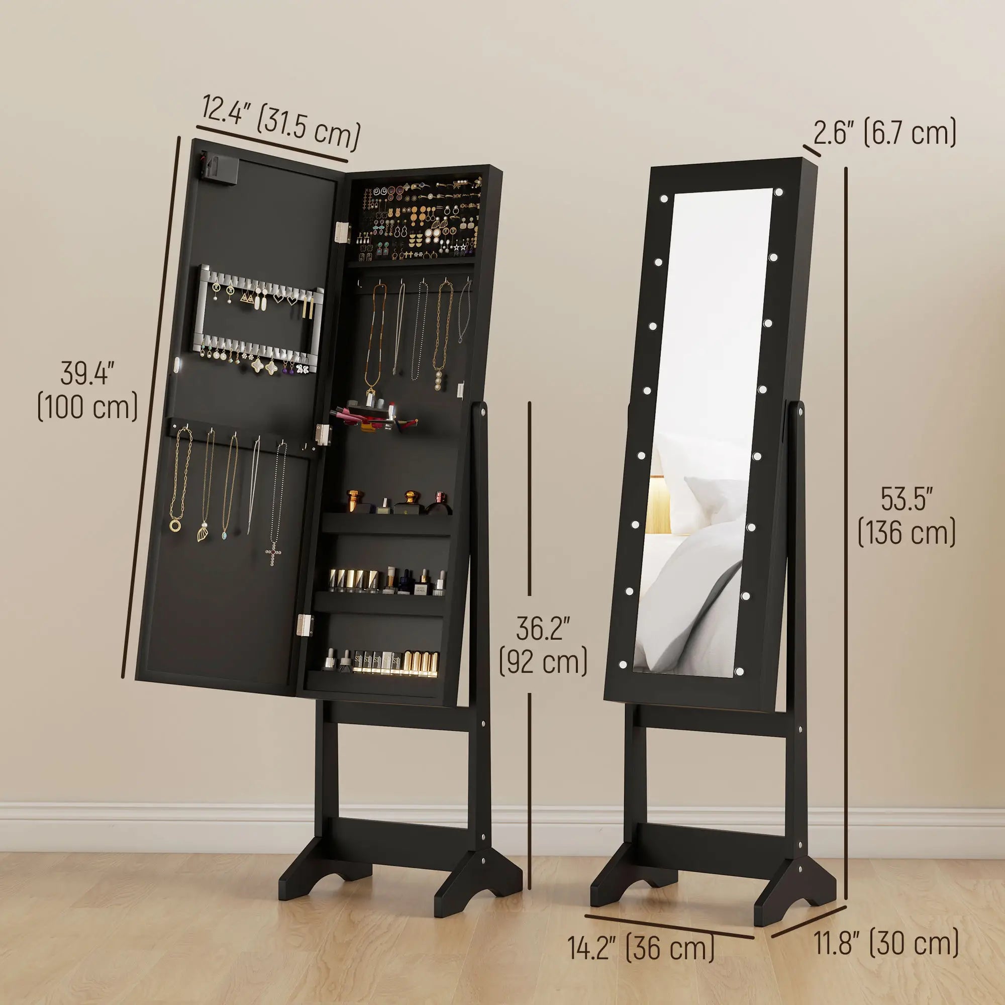 Free Standing Armoire Organizer, Lighted Mirrored Jewelry Cabinet, 16 LED Lights, Black Jewelry Armoire & Jewellery Mirror Cabinets at Gallery Canada