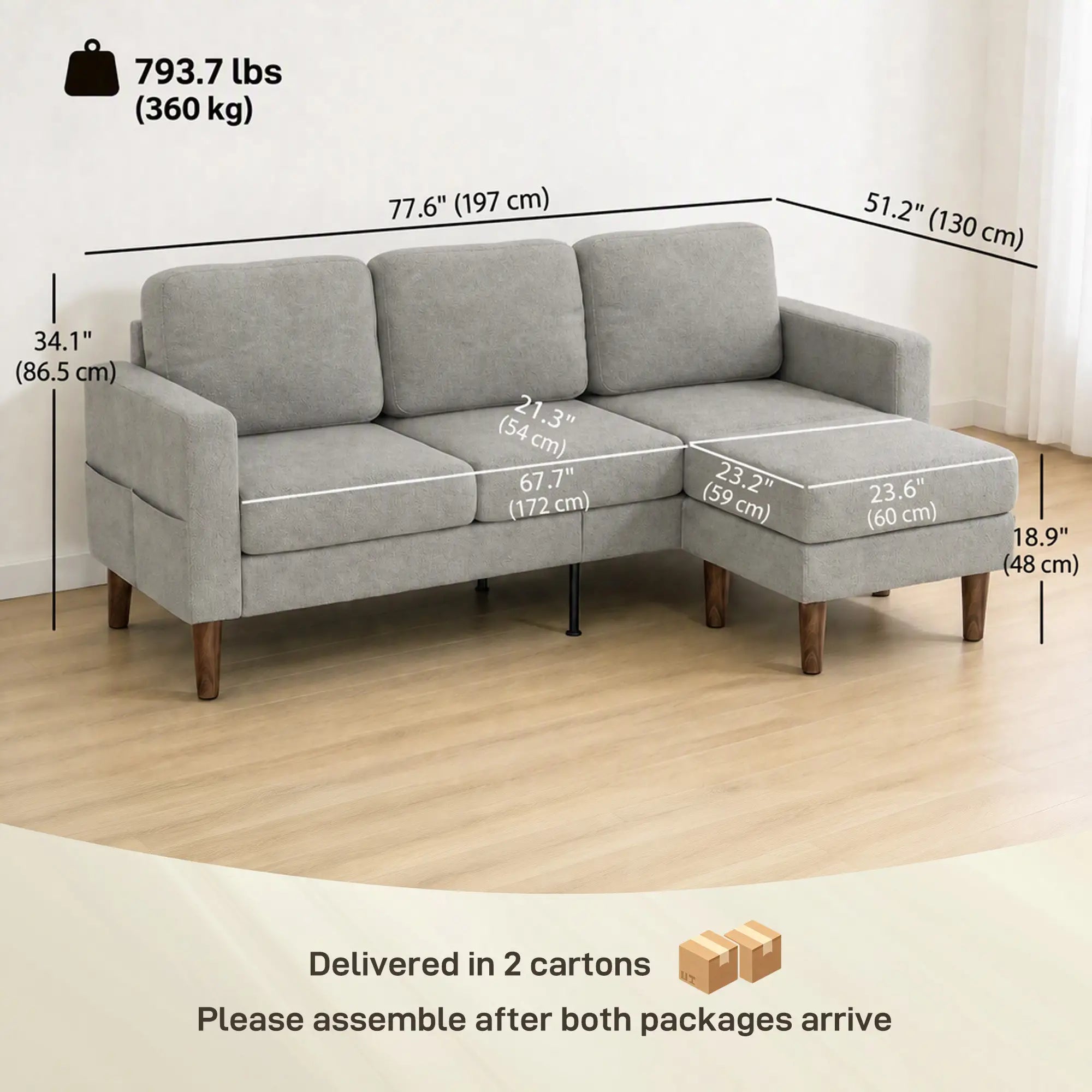 78 In L Shaped 3 Seater Sofa with Ottoman, Grey L Shaped Couchs at Gallery Canada