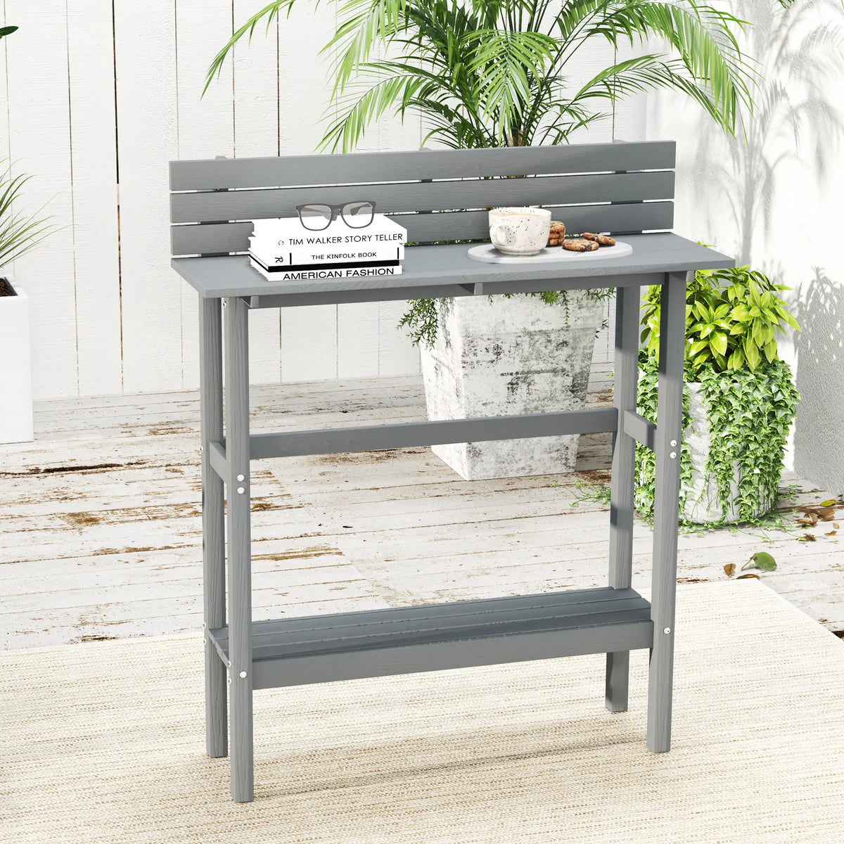 110cm Rectangle Outdoor Bar Table, Slatted Top, Grey Patio Dinning Tables at Gallery Canada