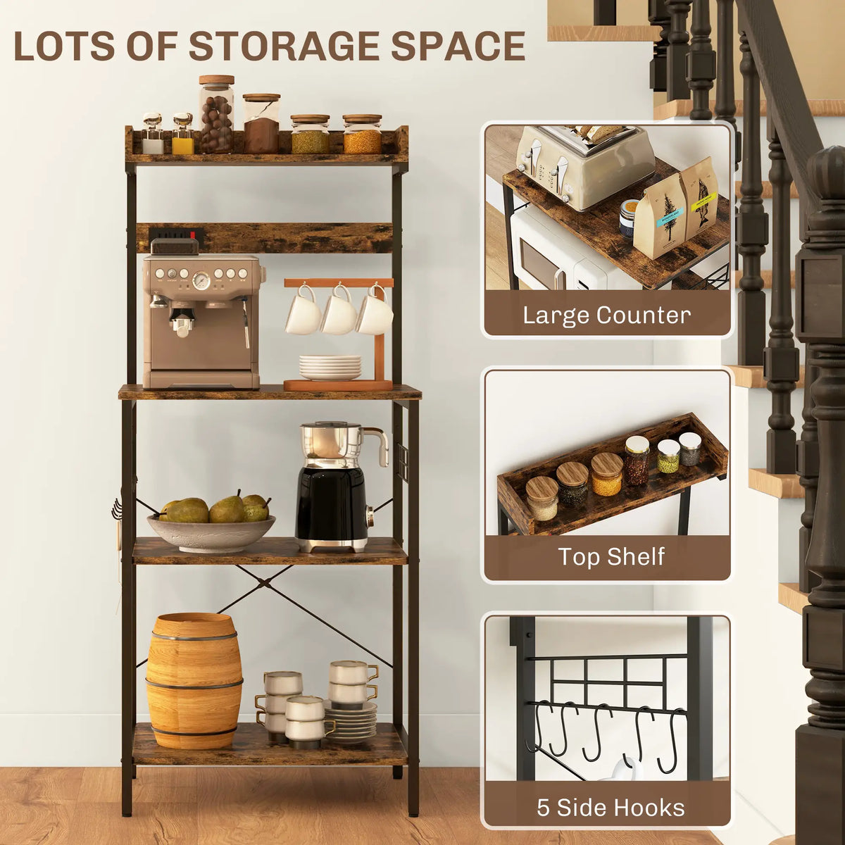 Kitchen Baker's Rack with Power Outlet, Adjustable Shelves, Rustic Brown, Brown Bar Cabinets at Gallery Canada