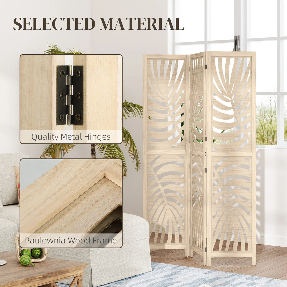 3 Panel Room Divider, Detachable Folding Privacy Screen, Palm Leaf Design, Natural Wood Finish Room Dividers at Gallery Canada