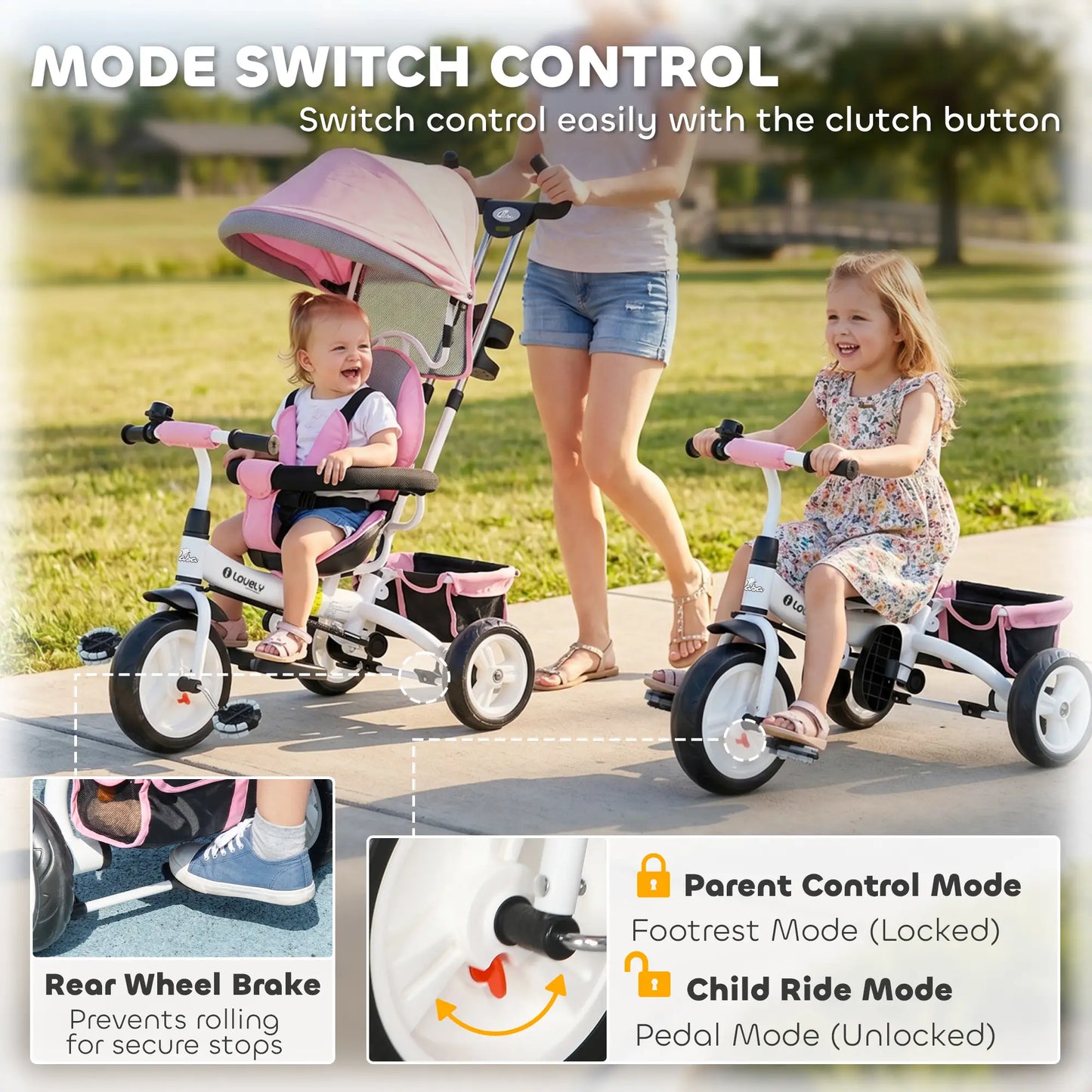 6 In 1 Toddler Tricycle Stroller, With Basket And Canopy, Pink Tricycles for Kids at Gallery Canada