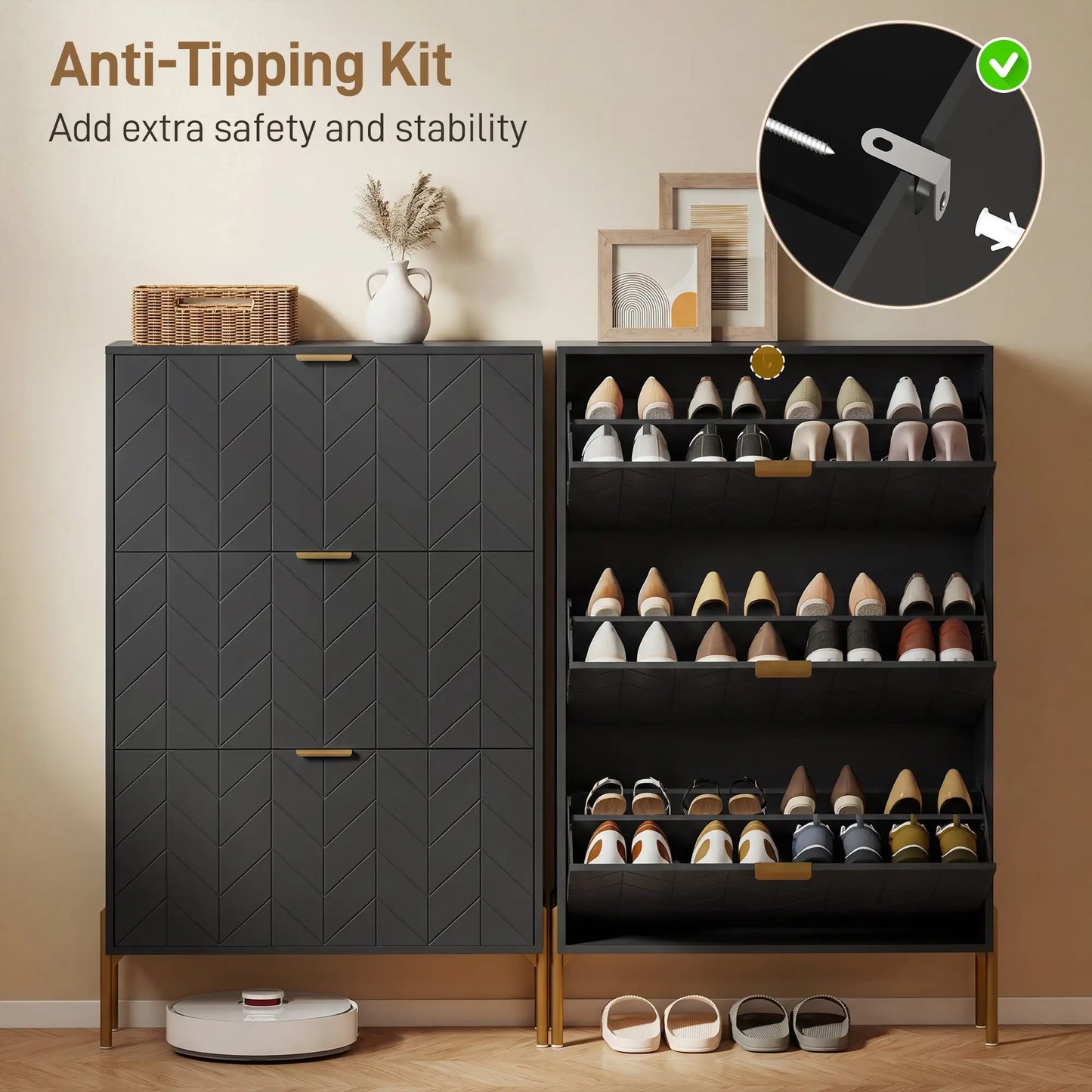 Shoe Cabinet, 3 Flip Drawers, Adjustable Shelves, Black Shoe Storage Cabinets & Racks at Gallery Canada