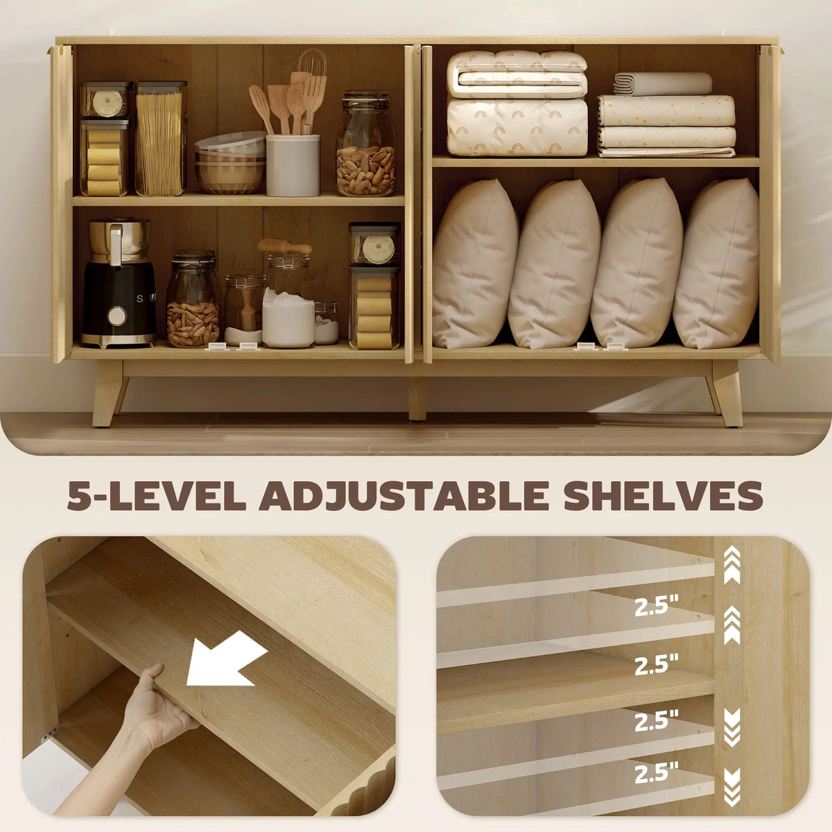 Fluted Sideboard Buffet, 55" Coffee Bar Cabinet, 4 Doors, 2 Shelves, Nature Wood Storage Cabinets at Gallery Canada