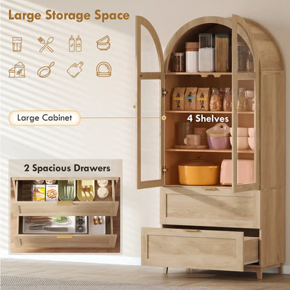 Arched Pantry Cabinet 71" Tall Oak, 2 Drawers, Oak Kitchen Pantry Cabinets at Gallery Canada