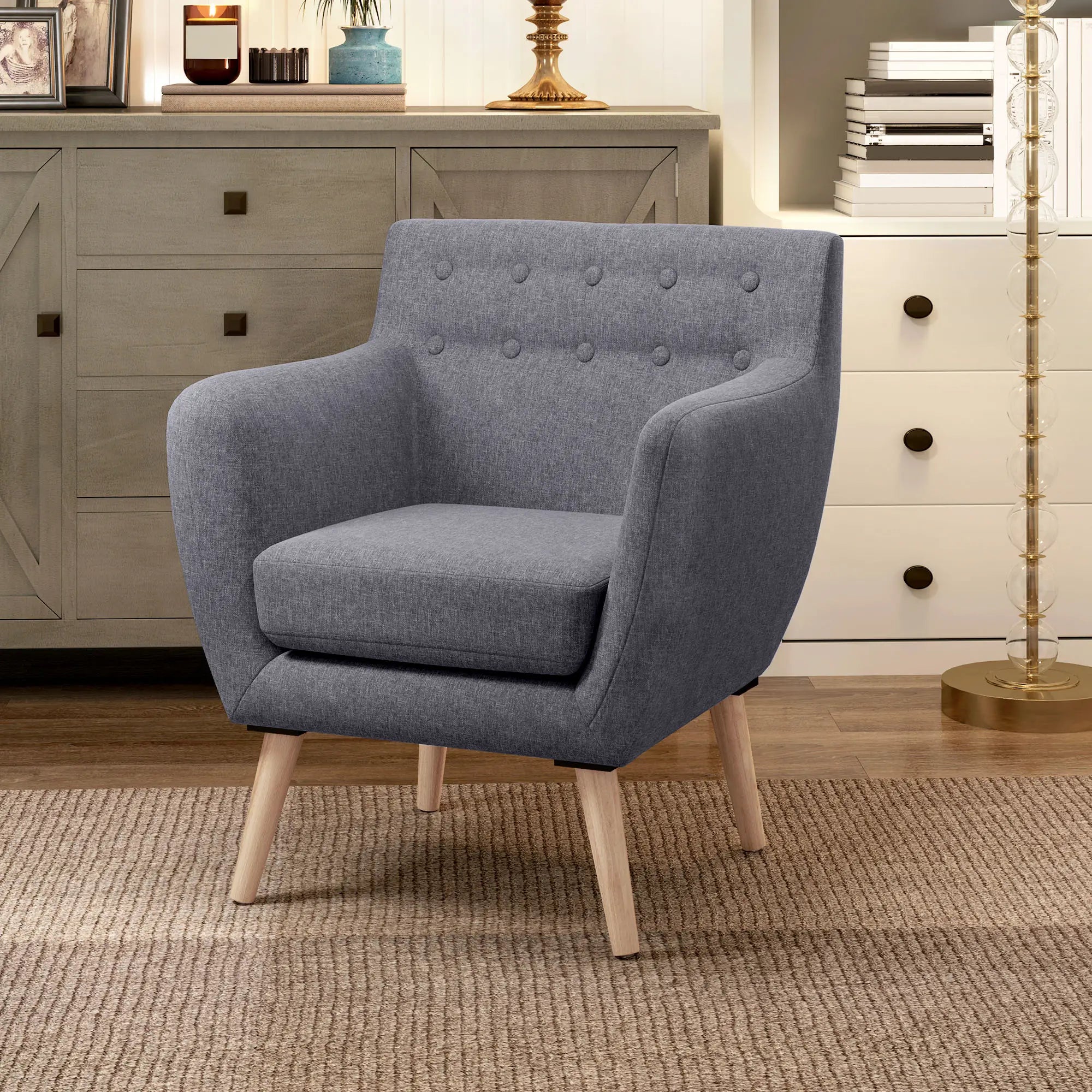 Mid-Century Modern Linen Armchair, Wood Frame, Thick Padding, Light Grey Accent Chairs at Gallery Canada