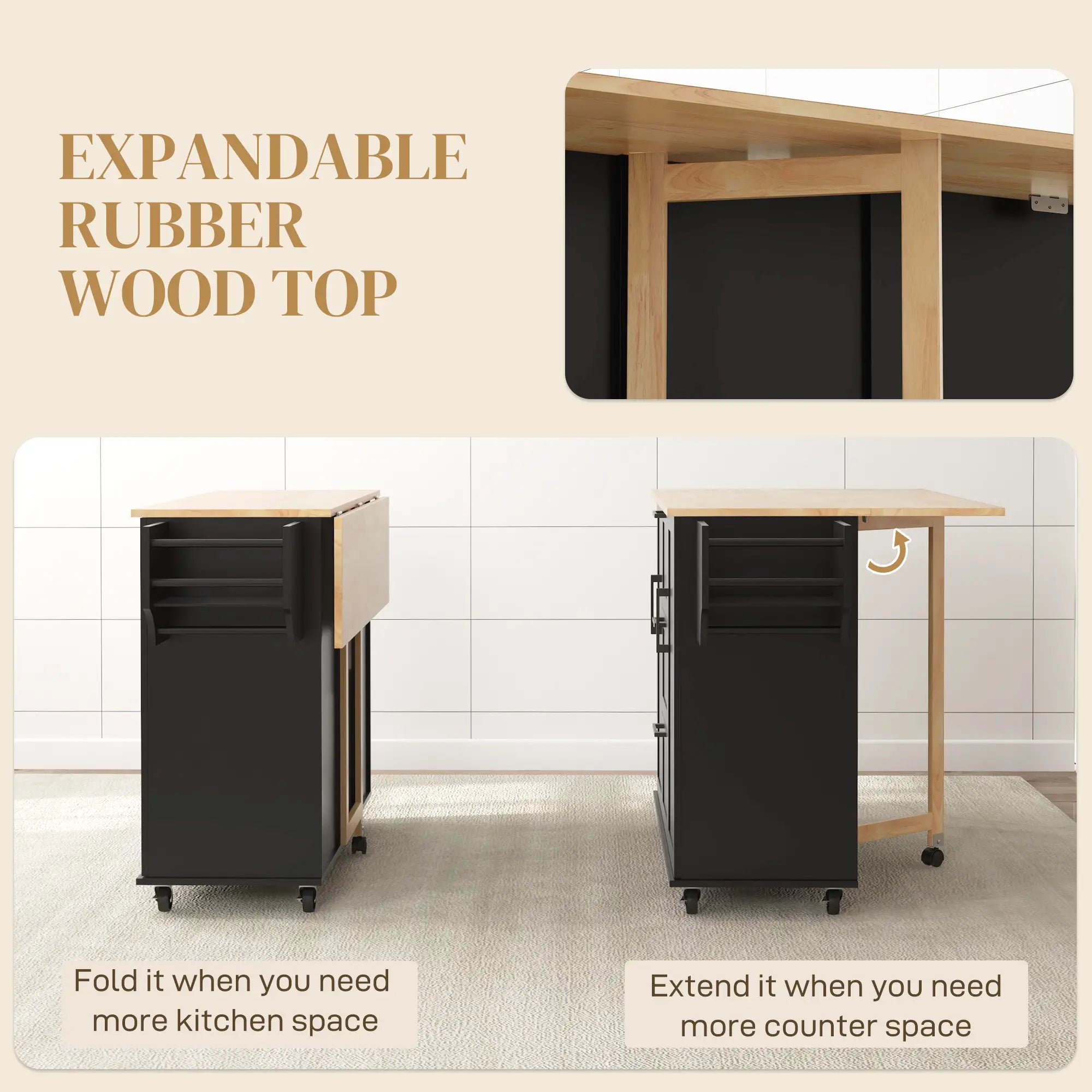 Rolling Kitchen Cart, Drop Leaf, 3 Drawers, Solid Wood Top, Black Kitchen Islands & Kitchen Carts at Gallery Canada