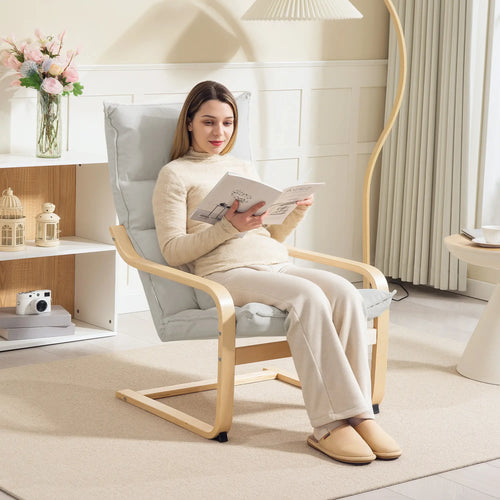 Birch Wood Fabric Modern Armchair, Curved Leg and Arm, Cream White