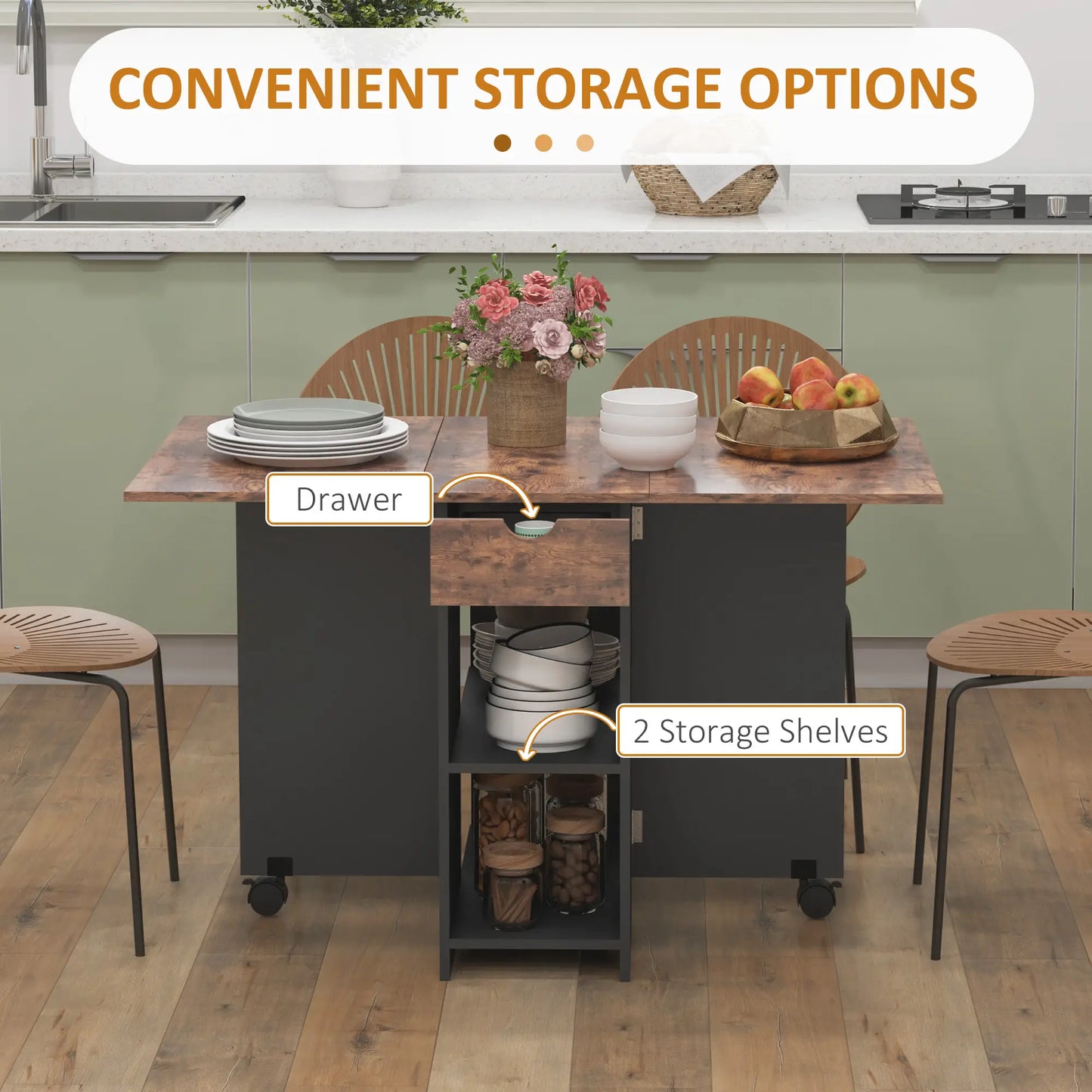 Folding Dining Table, Drop Leaf with Drawer, Shelves, Rustic Brown, Brown Bar Tables & Dining Tables at Gallery Canada