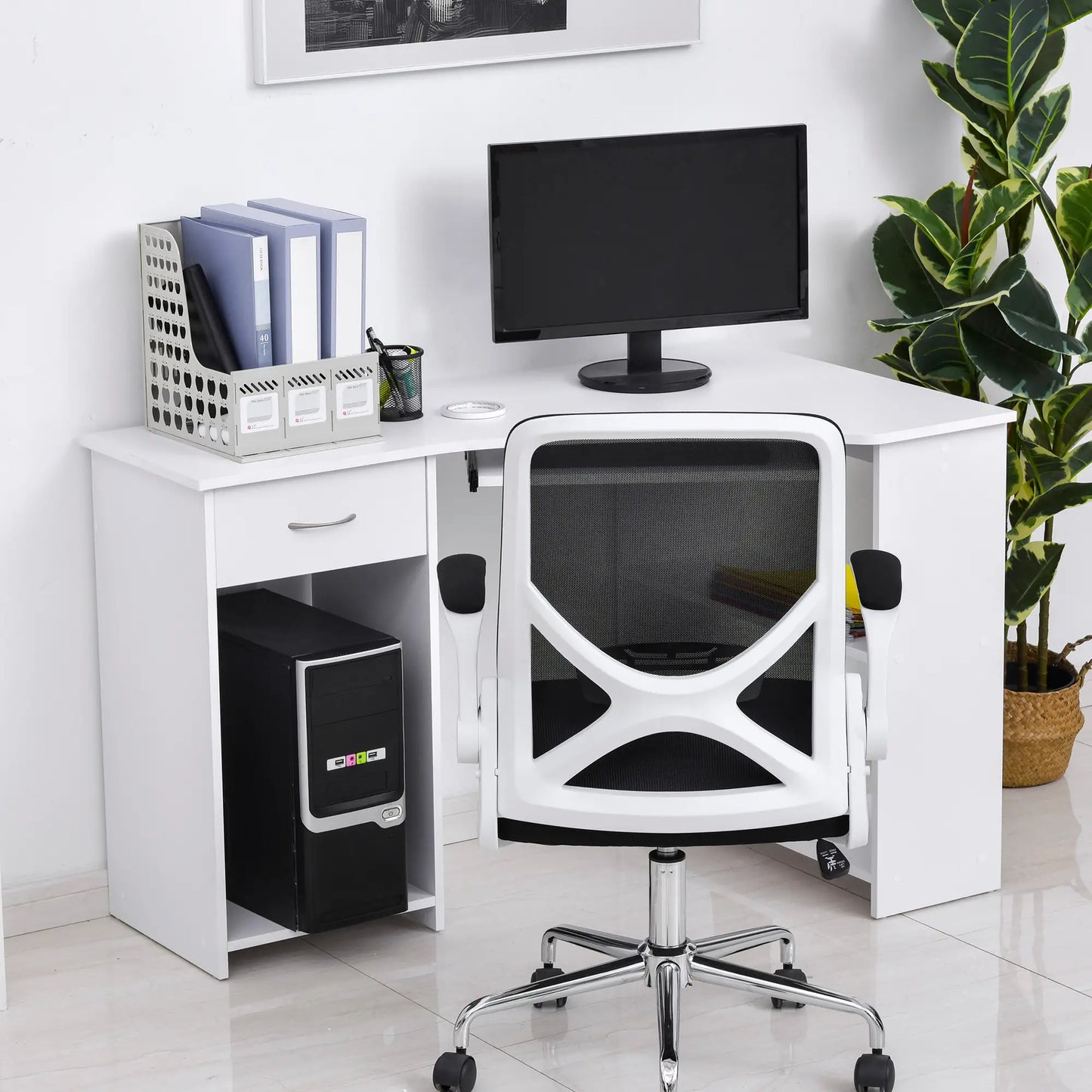 L-Shaped Desk With Keyboard Tray, Shelves, Drawer, CPU Stand, White Computer Desks at Gallery Canada