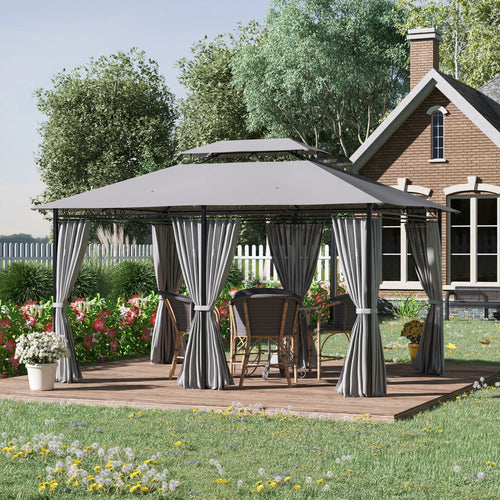 10' X 13' Patio Gazebo 2-Tiers Canopy With Curtains, Dark Grey
