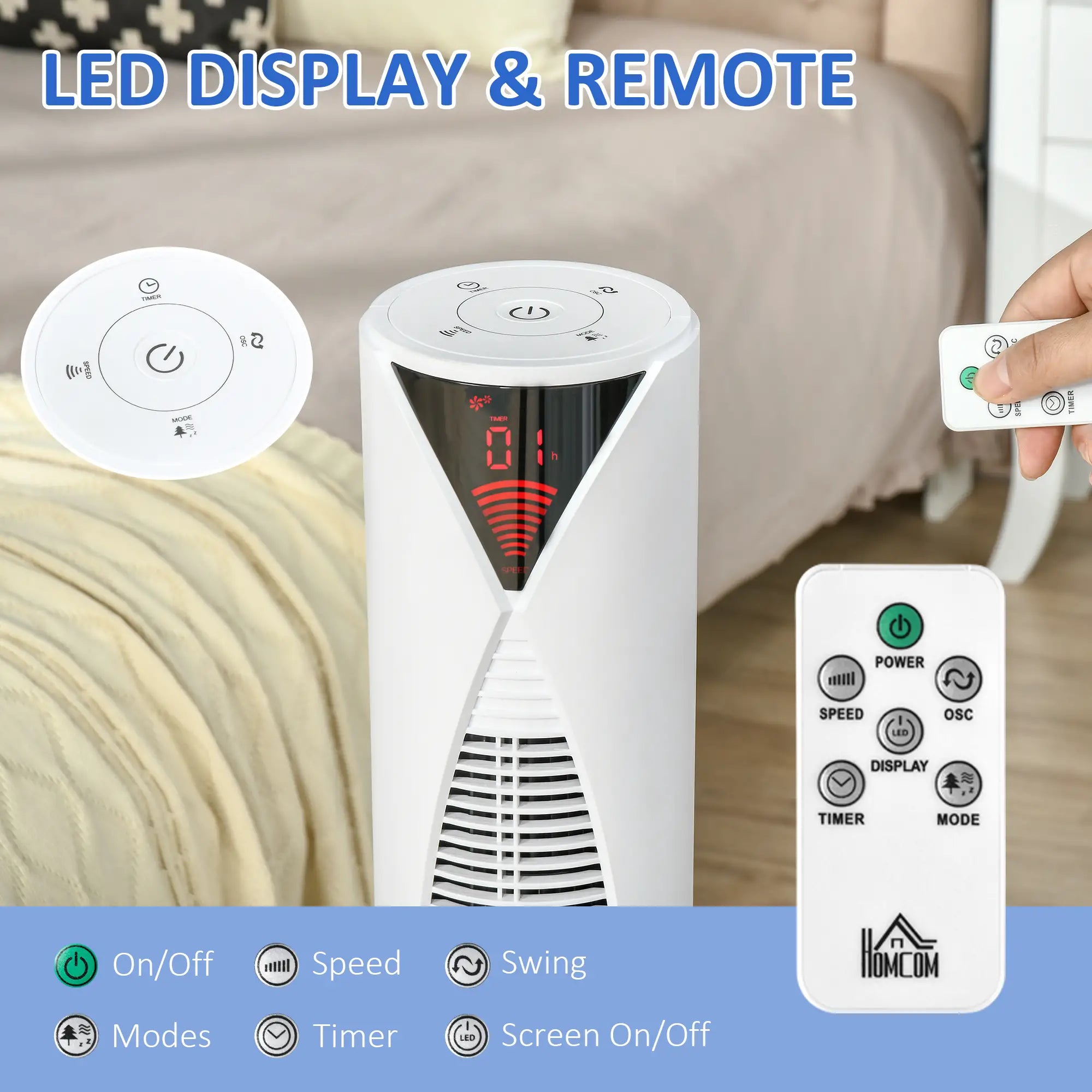 Freestanding Tower Fan, 3 Speed, 12h Timer, Oscillating, LED Panel, Remote, White Tower Fans at Gallery Canada