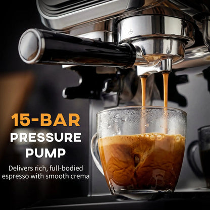 15 Bar Espresso Machine With Grinder & Milk Frother, Stainless Steel, Black Small Kitchen Appliances at Gallery Canada