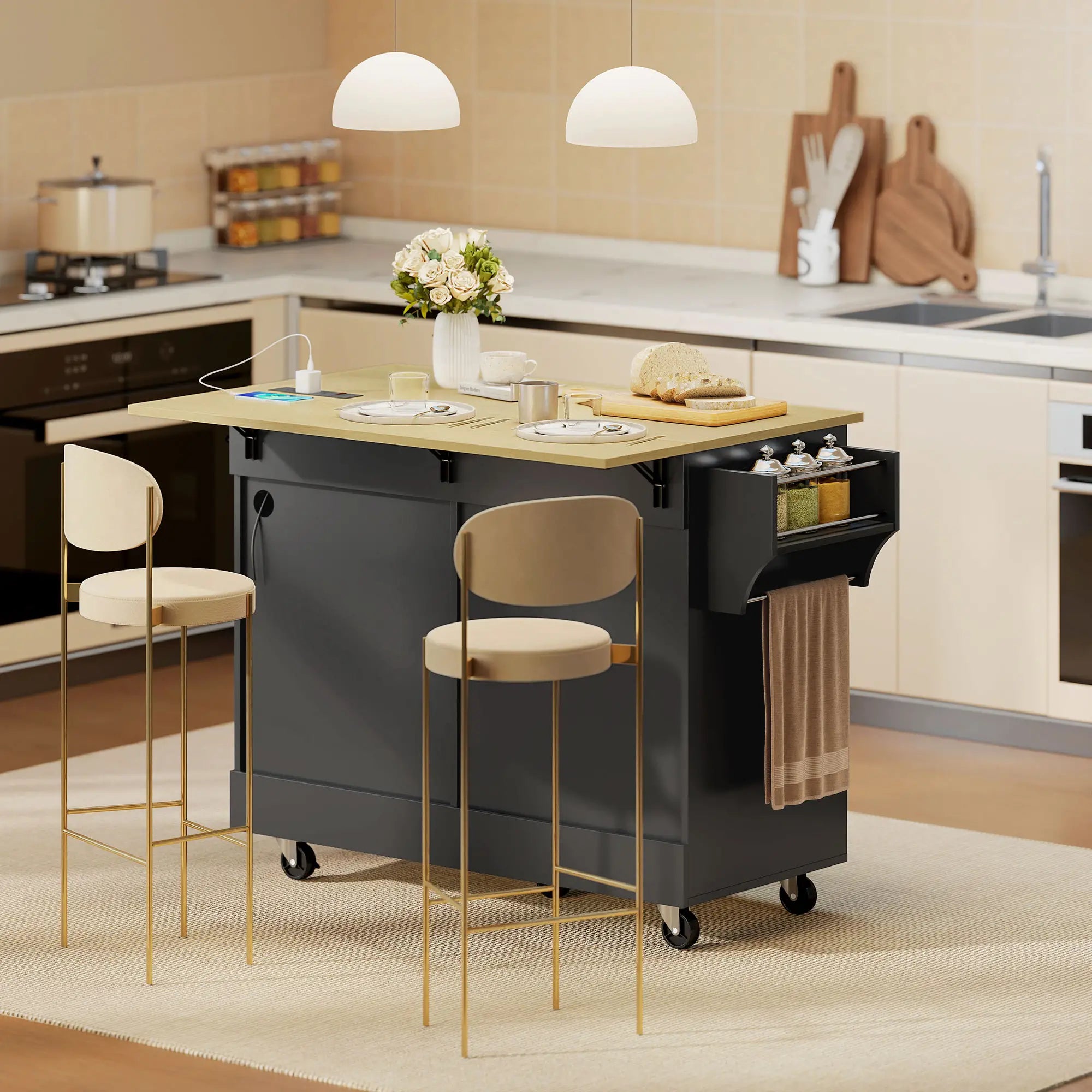 Kitchen Island Cart with Charging Station, Drop Leaf, Black Kitchen Islands & Kitchen Carts at Gallery Canada