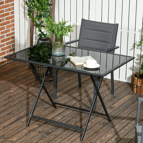Foldable Outdoor Dining Table With Umbrella Hole, Glass Top, Black
