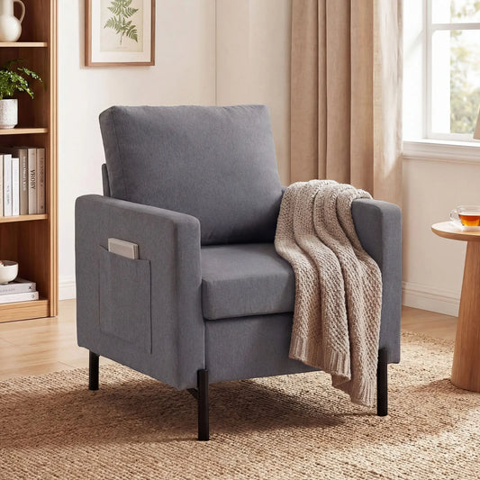 Modern Upholstered Armchair With Side Pockets, Cushion, Dark Grey Accent Chairs Dark Grey, Black at Gallery Canada