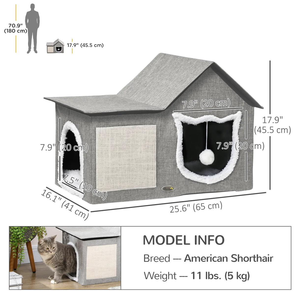 Large Cat Bed, Indoor Cat House with Soft Cushion, Scratching Pad, Grey Cat Houses at Gallery Canada