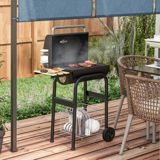 Charcoal BBQ Grill With Thermometer, Shelves, Wheels, Black