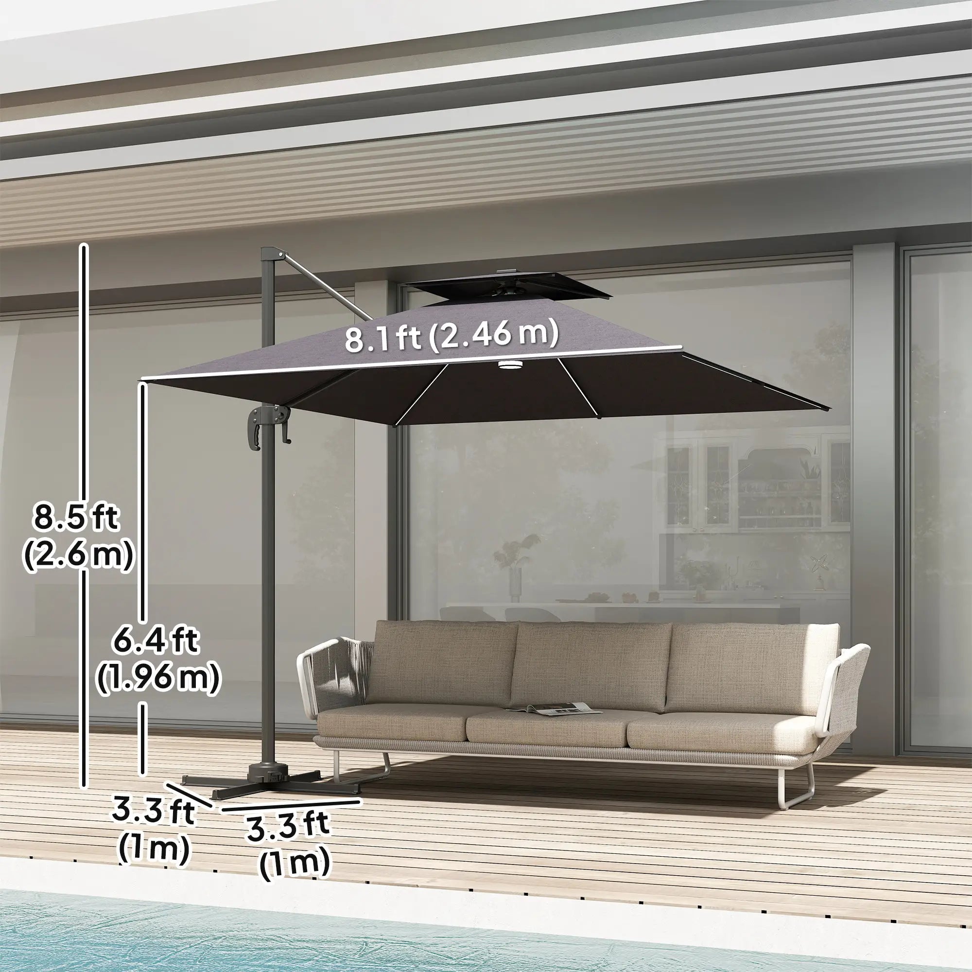 8' Cantilever Patio Umbrella, LED Lights, 360°Rotation, Dark Grey Offset Cantilever Umbrellas at Gallery Canada