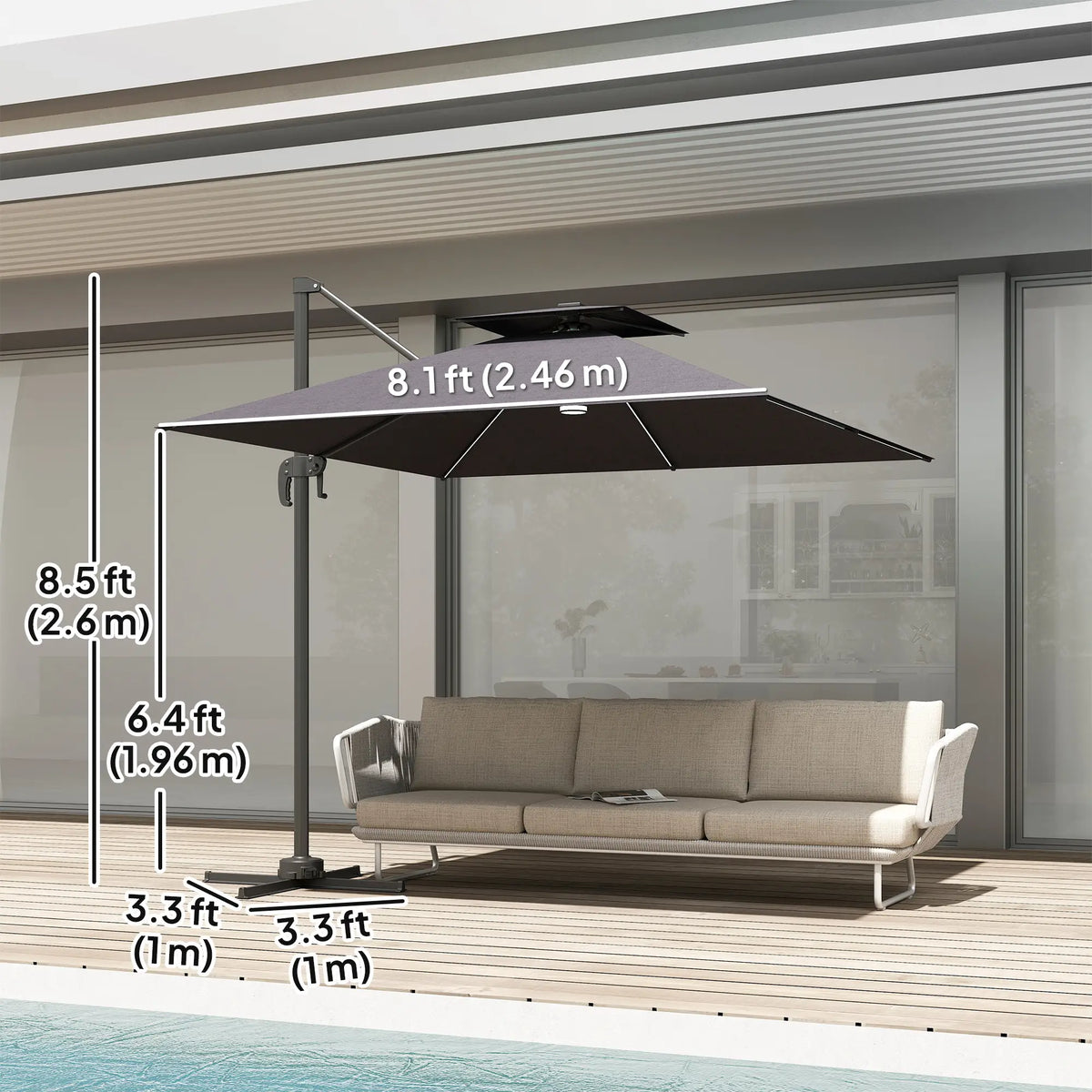8' Cantilever Patio Umbrella, LED Lights, 360°Rotation, Dark Grey Offset Cantilever Umbrellas at Gallery Canada