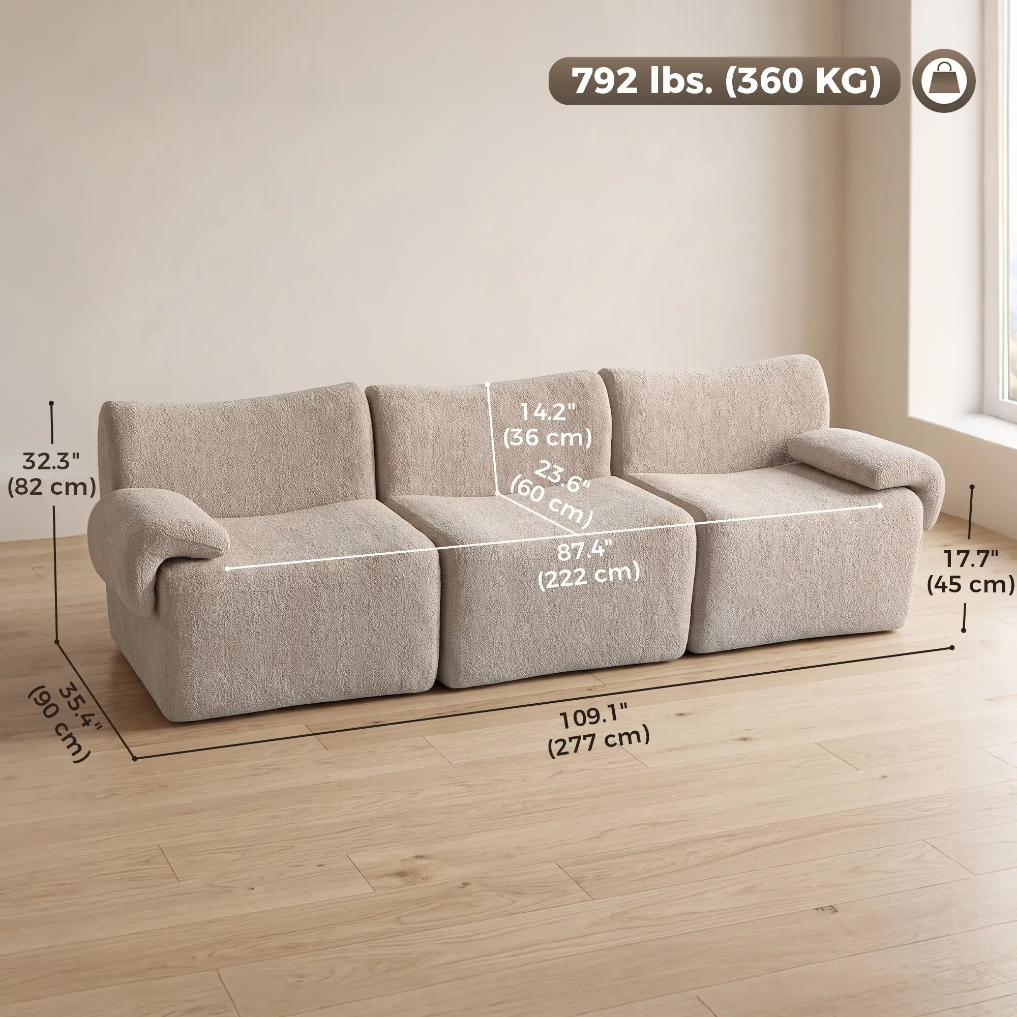 3 Seater Chenille Cloud Sofa, Wide Deep Seat, Beige, Beige 3-Seater Sofas at Gallery Canada