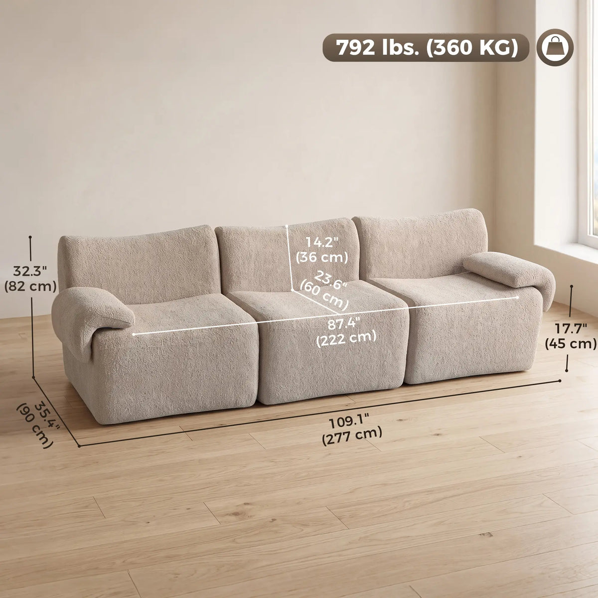 3 Seater Chenille Cloud Sofa, Wide Deep Seat, Beige, Beige 3-Seater Sofas at Gallery Canada