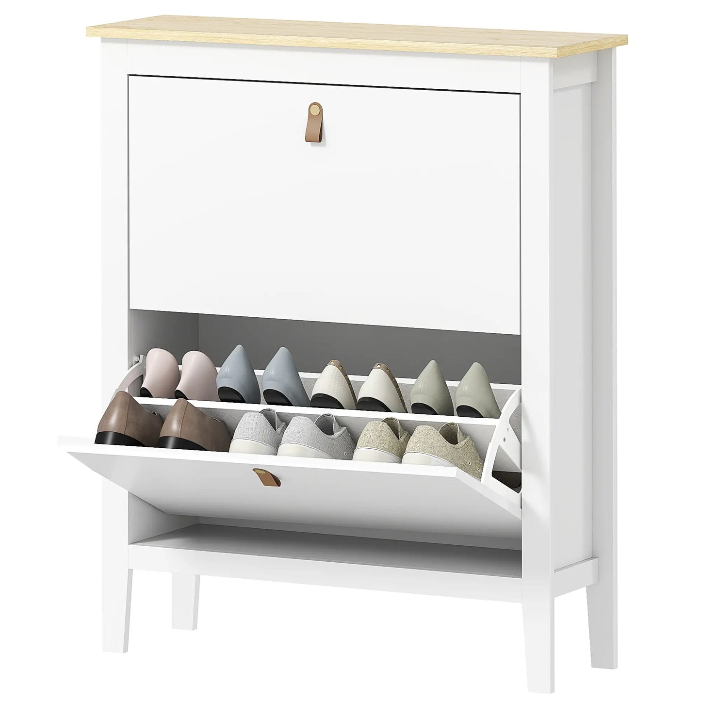 Narrow Shoe Cabinet, 2 Flip Drawers, Adjustable Shelves, Holds 10-14 Pairs, White Shoe Storage Cabinets & Racks White, Oak at Gallery Canada