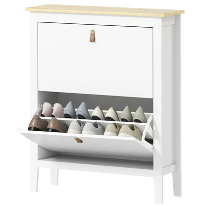Narrow Shoe Cabinet, 2 Flip Drawers, Adjustable Shelves, Holds 10-14 Pairs, White Shoe Storage Cabinets & Racks White, Oak at Gallery Canada
