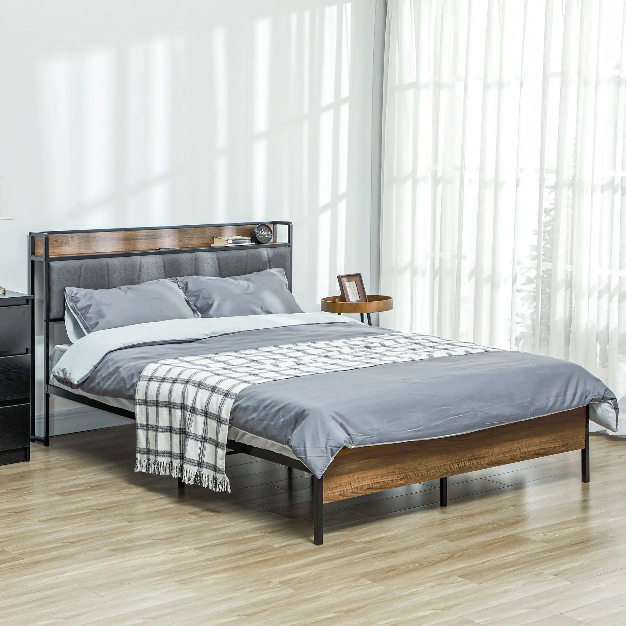 Full Size Bed Frame with Charging Station, Upholstered Headboard, Storage Shelf, Walnut Bed Frames at Gallery Canada