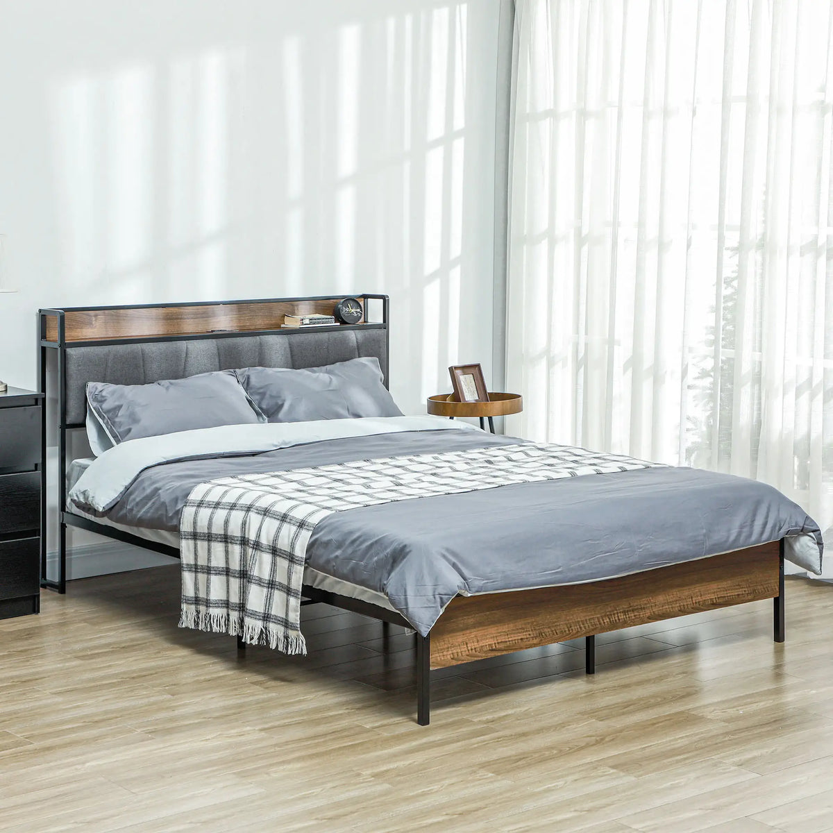 Full Size Bed Frame with Charging Station, Upholstered Headboard, Storage Shelf, Walnut Bed Frames at Gallery Canada