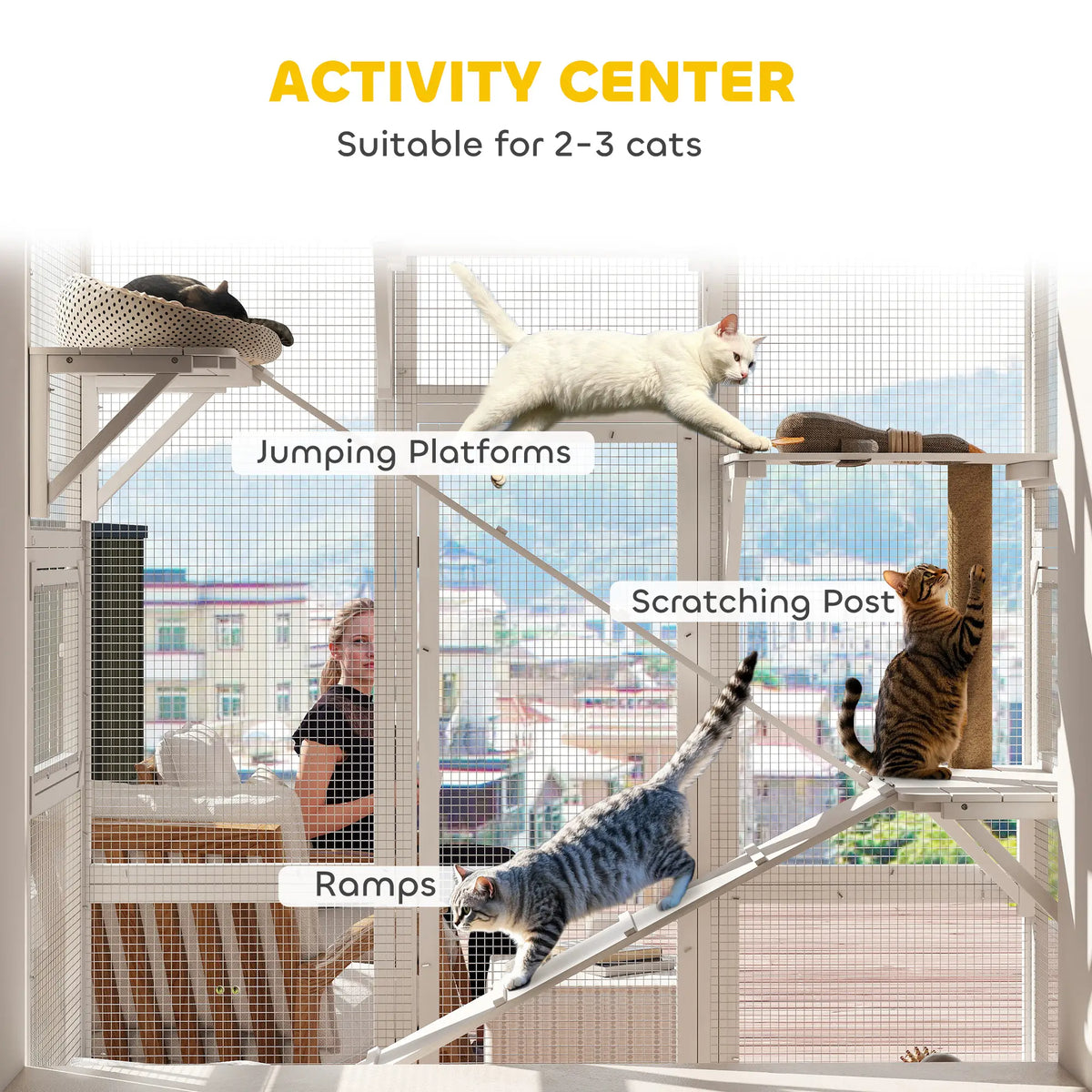 Wooden Catio Outdoor Cat Enclosure, 6 Platforms, Scratching Post, 2 Ramps, Waterproof Roof, White Outdoor Cat Enclosures at Gallery Canada