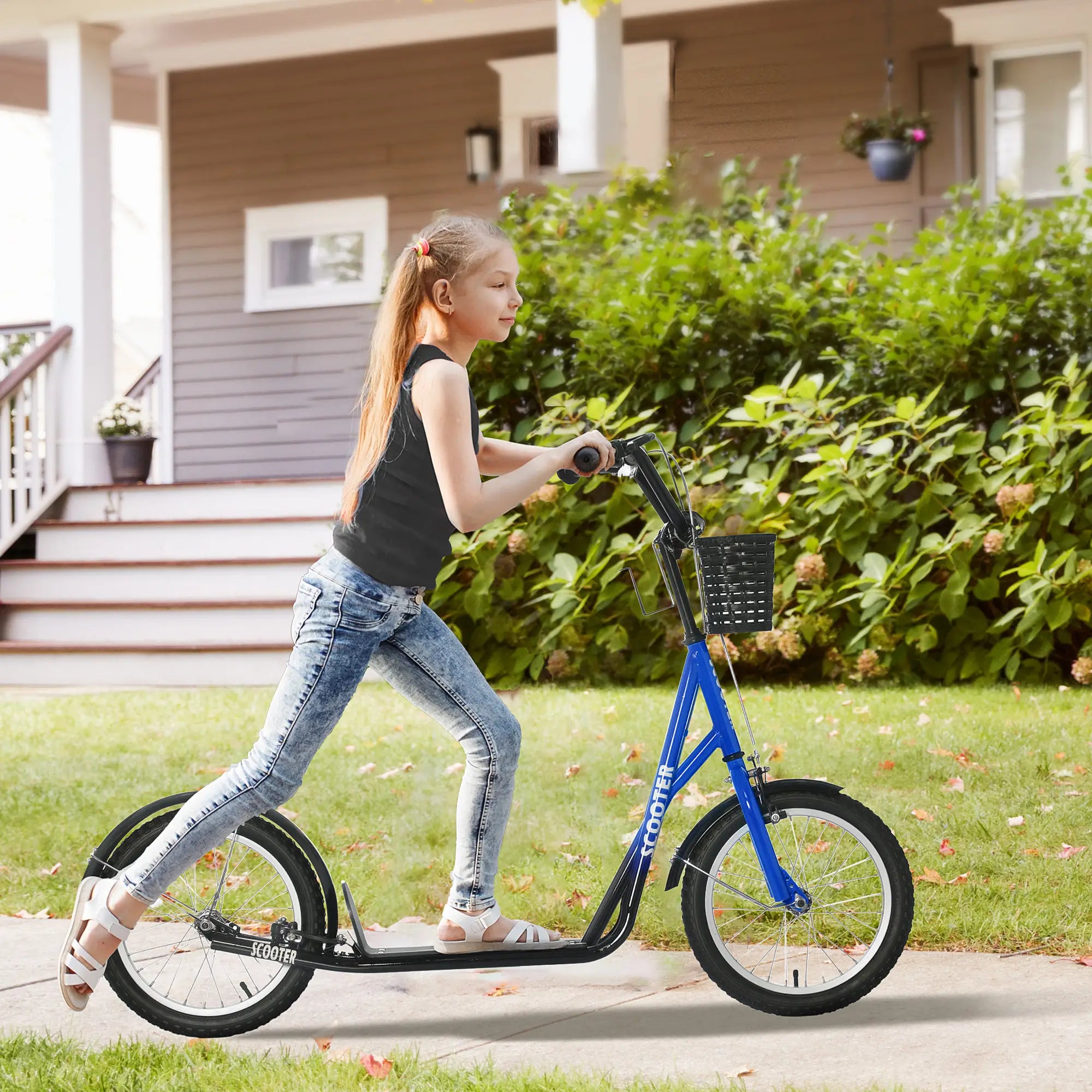Kids Kick Scooter, Adjustable Handlebar, 2 Brakes, Basket, Cupholder, 16