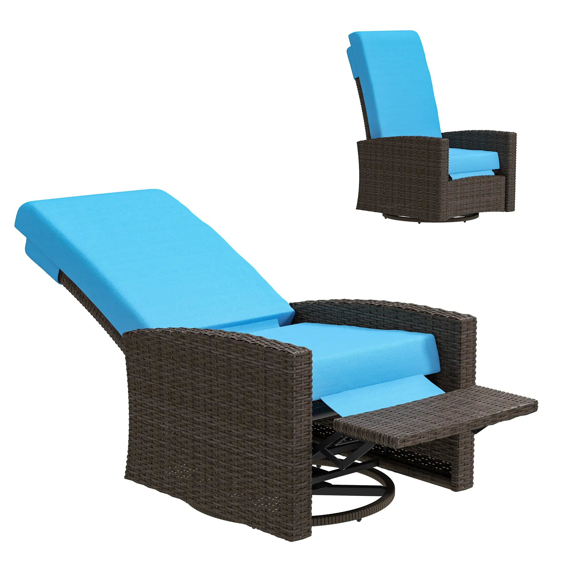 Outdoor Rattan Lounge Chair with Footrest, Soft Cushion, Sky Blue Patio Chairs at Gallery Canada