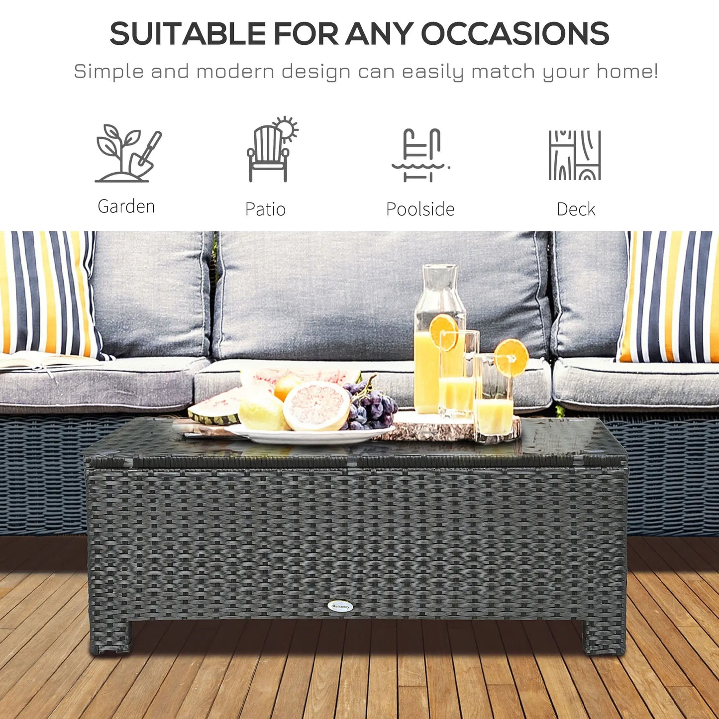 Rattan Coffee Table, Hand-Woven Wicker Furniture, Tempered Glass Top, Black Patio Side Tables at Gallery Canada