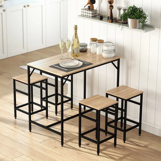 5-Piece Industrial Rectangular Bar Table Set, 4 Stools, Oak Bar Sets Black, Oak at Gallery Canada