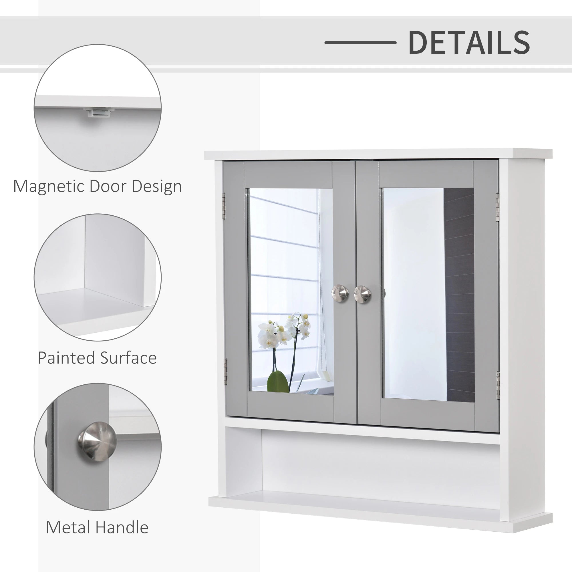 Wall-Mounted Medicine Cabinet, Double Doors, Open Shelf, Adjustable, White and Grey Mirror Medicine Cabinets at Gallery Canada
