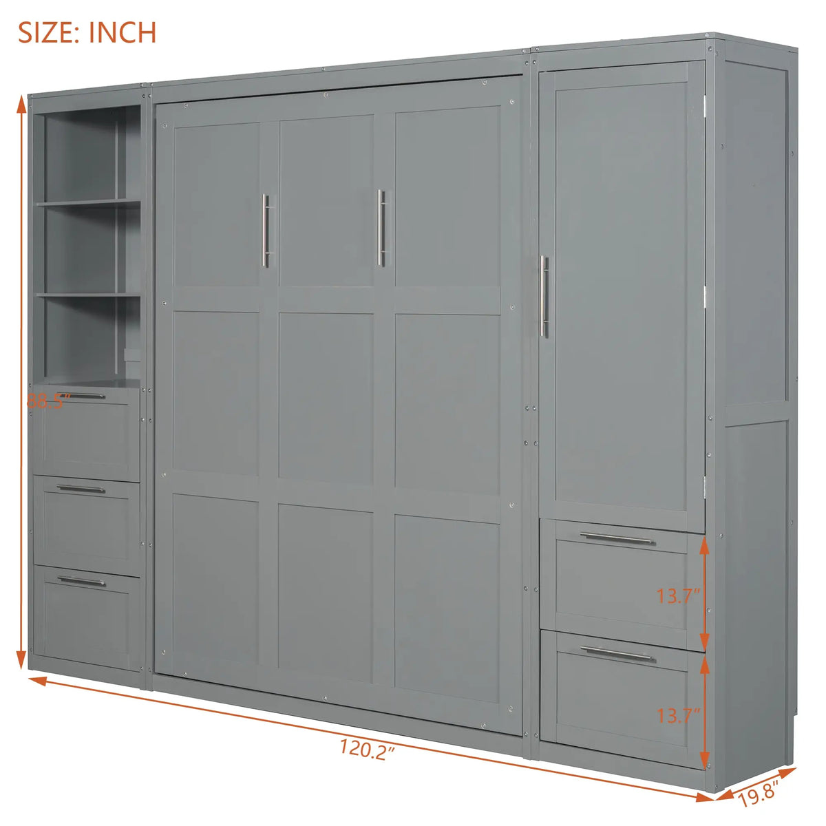 Murphy Bed with Closet, Drawers, Shelves, 120" L x 20" W x 88.5" H, Grey Bed Frames at Gallery Canada