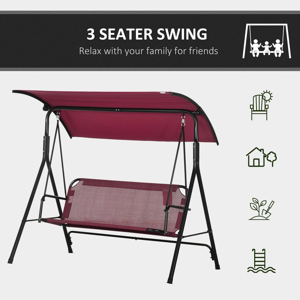 3-Seater Outdoor Swing with Adjustable Canopy, Wine Red Porch Swings with Canopy at Gallery Canada