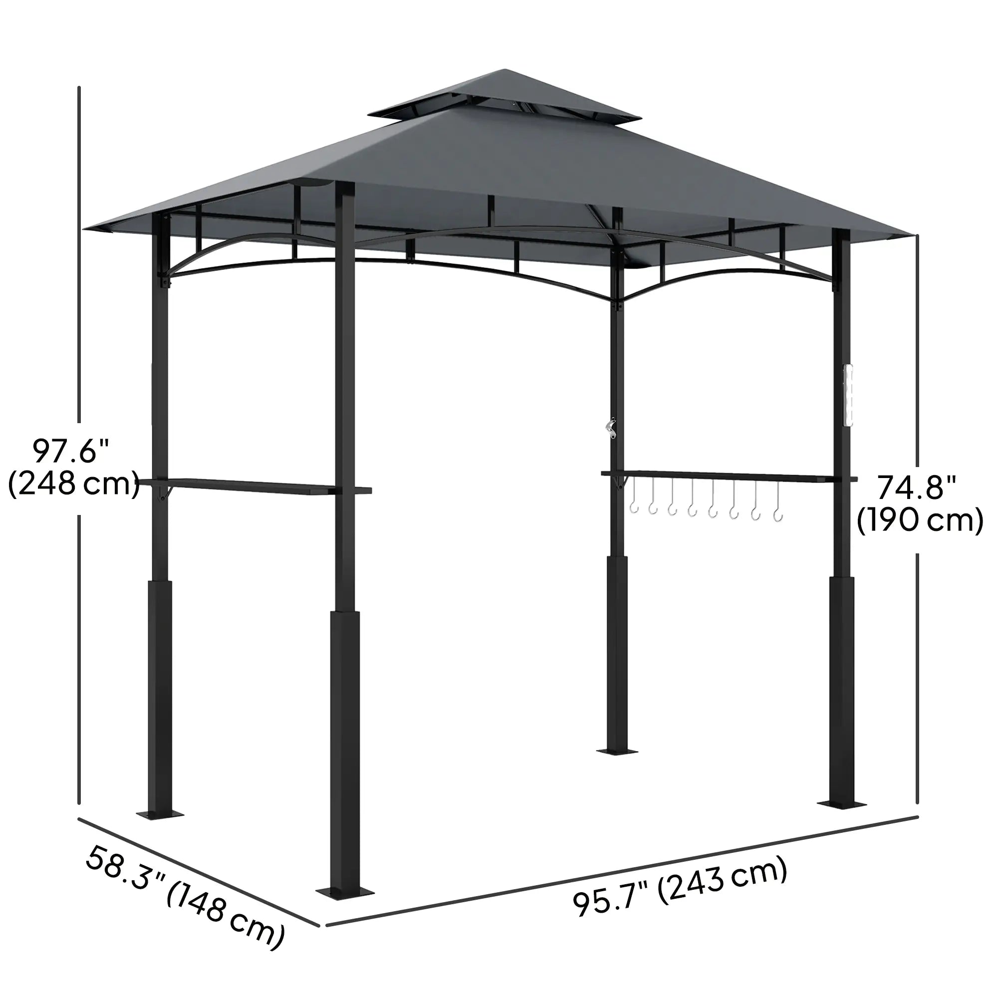 8' x 5' Grill Gazebo, Double Tiered, LED Light, Shelves, Dark Grey BBQ Grill Gazebos at Gallery Canada