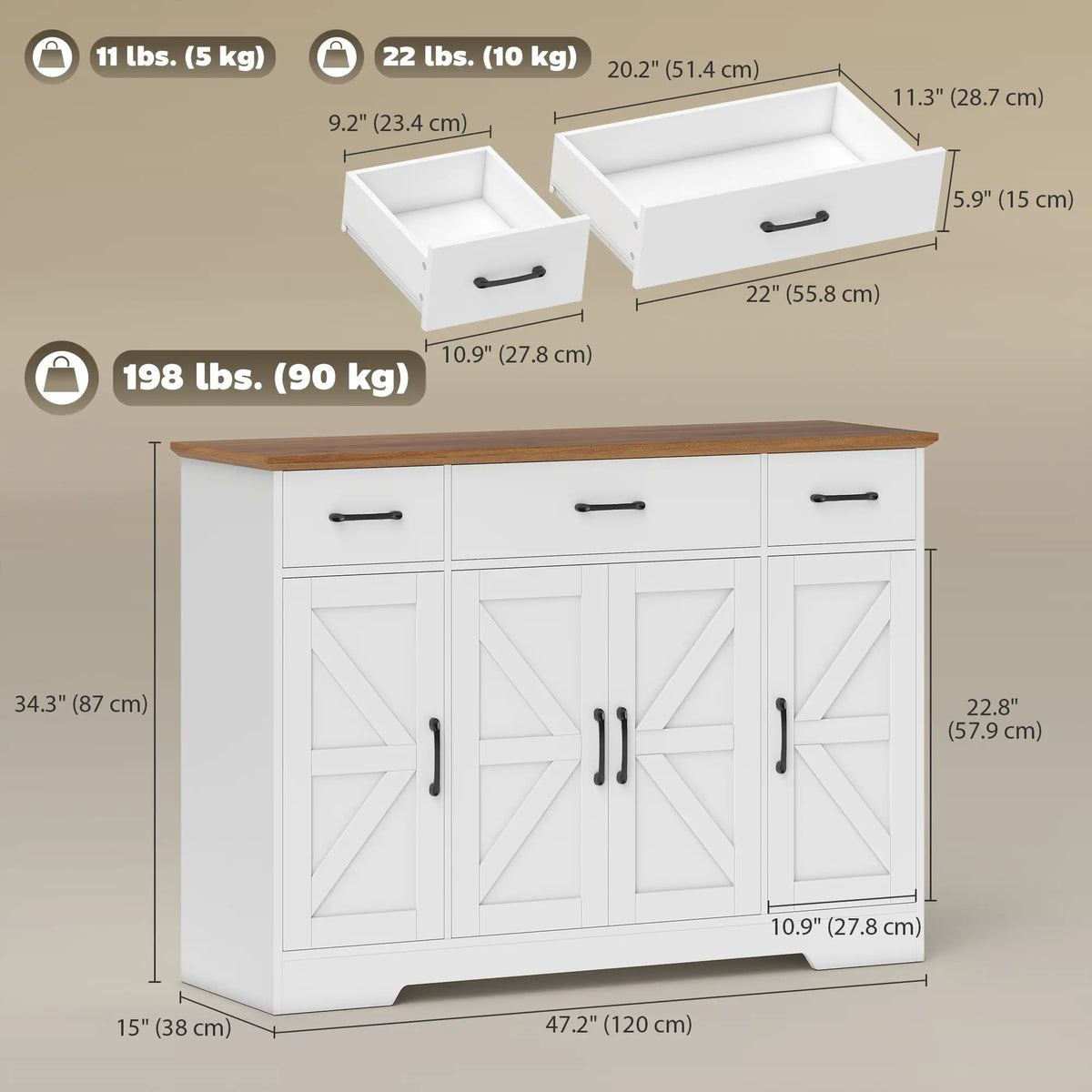 47" Buffet Cabinet, Farmhouse Sideboard, 3 Drawers, Adjustable Shelves, White Bar Cabinets at Gallery Canada