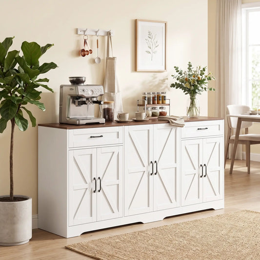 71" Sideboard Buffet Cabinet, Coffee Bar, 2 Drawers, 6 Barn Doors, White Kitchen Pantry Cabinets Multi Colour at Gallery Canada