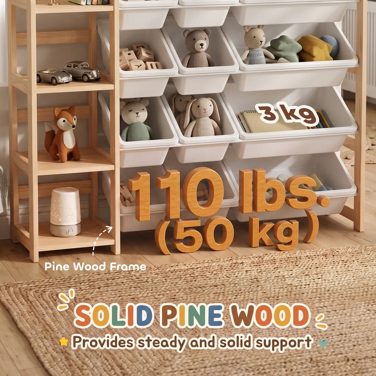 Kids Toy Storage Organizer, 3 Shelves, 12 Bins, Natural Baby & Kids Storage at Gallery Canada